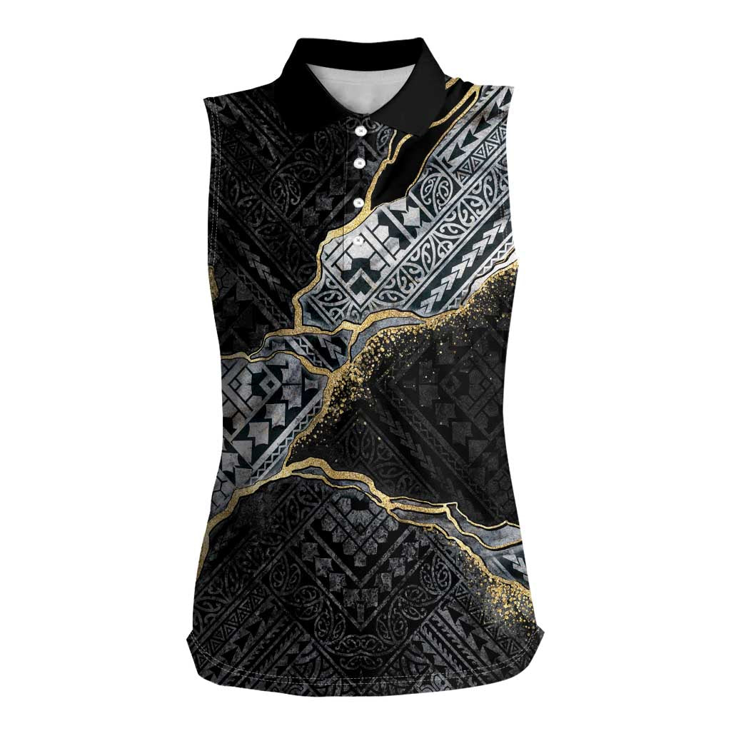 Polynesian Tribal Tattoo Women Sleeveless Polo Shirt Dark Marble Pattern