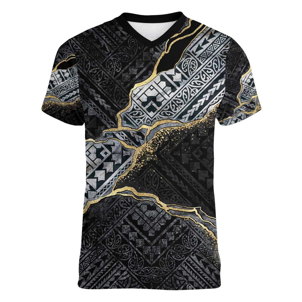 Polynesian Tribal Tattoo Women V-Neck T-Shirt Dark Marble Pattern