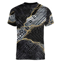 Polynesian Tribal Tattoo Women V-Neck T-Shirt Dark Marble Pattern