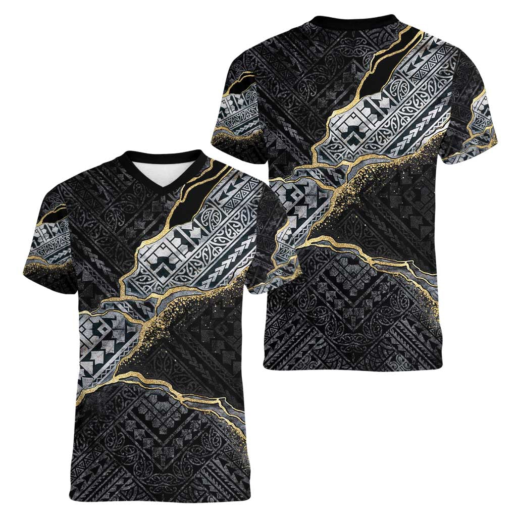 Polynesian Tribal Tattoo Women V-Neck T-Shirt Dark Marble Pattern