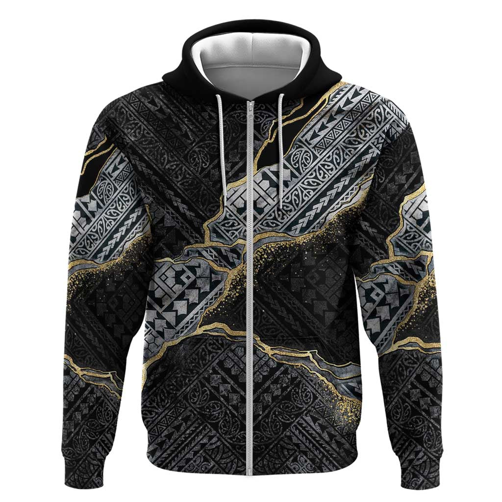 Polynesian Tribal Tattoo Zip Hoodie Dark Marble Pattern LT9 Zip Hoodie Black - Polynesian Pride