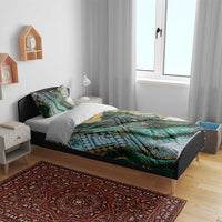 Polynesian Tribal Tattoo Bedding Set Green Marble Pattern