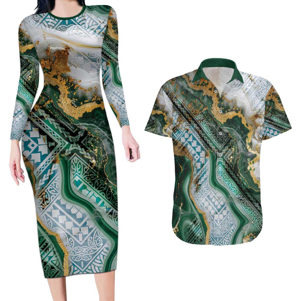 Polynesian Tribal Tattoo Couples Matching Long Sleeve Bodycon Dress and Hawaiian Shirt Green Marble Pattern LT9 Green - Polynesian Pride