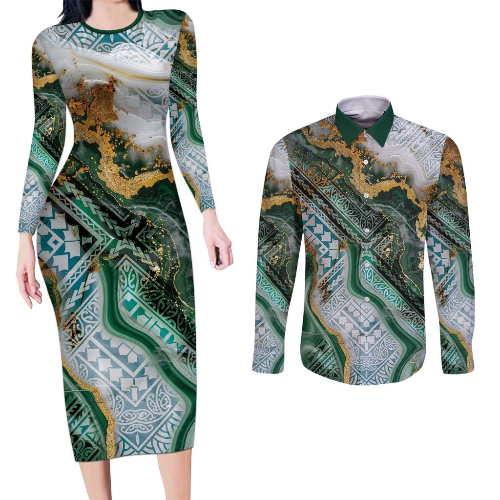 Polynesian Tribal Tattoo Couples Matching Long Sleeve Bodycon Dress and Long Sleeve Button Shirt Green Marble Pattern LT9 Green - Polynesian Pride