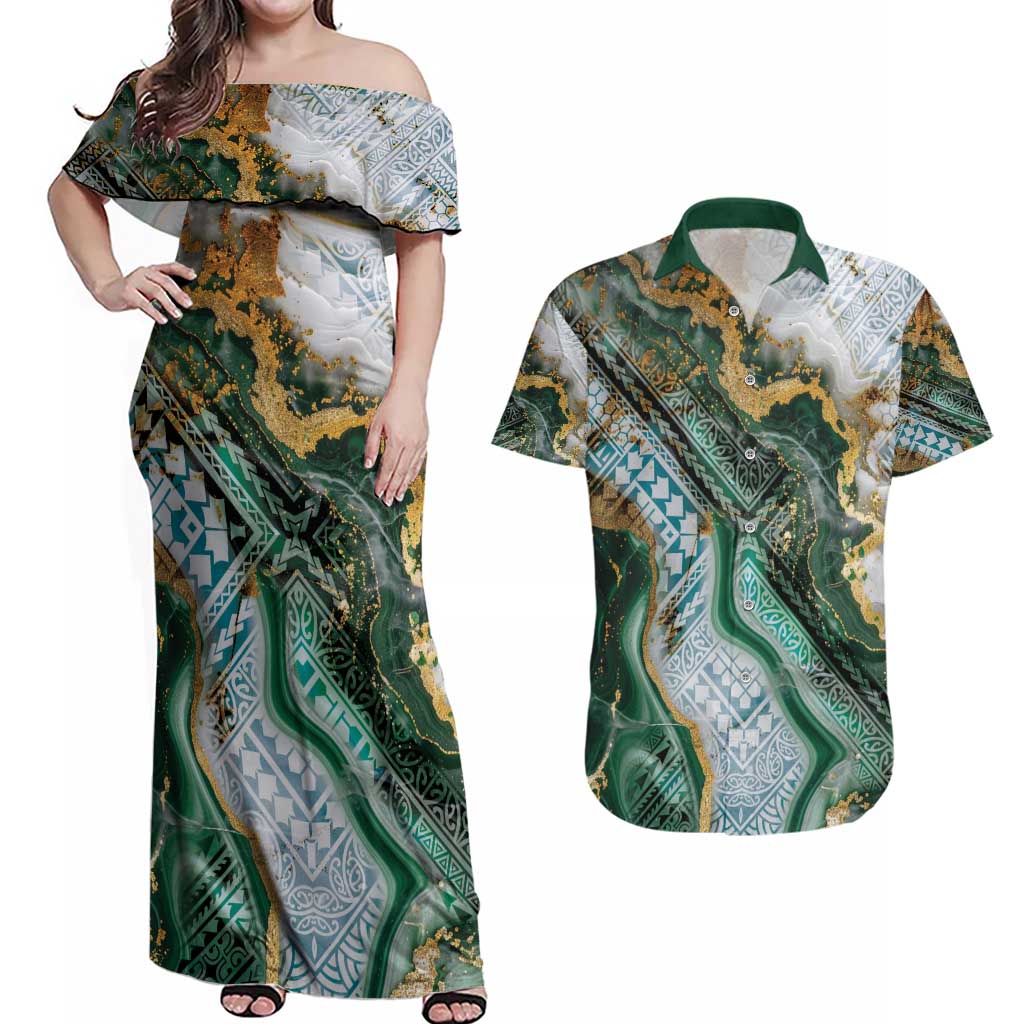 Polynesian Tribal Tattoo Couples Matching Off Shoulder Maxi Dress and Hawaiian Shirt Green Marble Pattern LT9 Green - Polynesian Pride