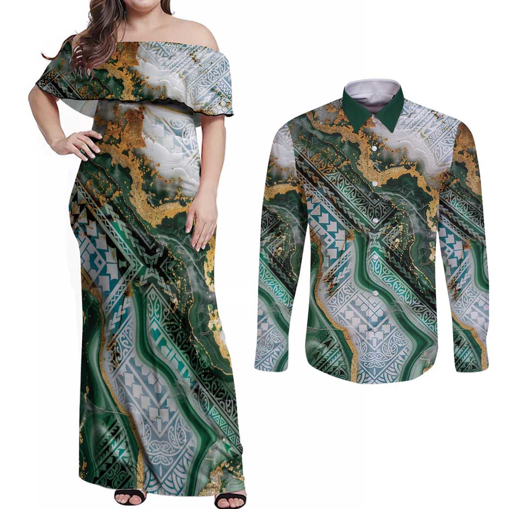Polynesian Tribal Tattoo Couples Matching Off Shoulder Maxi Dress and Long Sleeve Button Shirt Green Marble Pattern