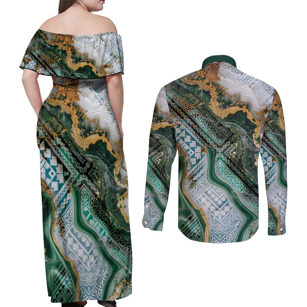 Polynesian Tribal Tattoo Couples Matching Off Shoulder Maxi Dress and Long Sleeve Button Shirt Green Marble Pattern