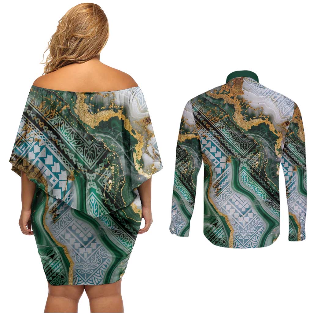 Polynesian Tribal Tattoo Couples Matching Off Shoulder Short Dress and Long Sleeve Button Shirt Green Marble Pattern