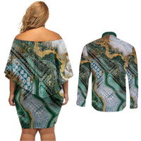 Polynesian Tribal Tattoo Couples Matching Off Shoulder Short Dress and Long Sleeve Button Shirt Green Marble Pattern