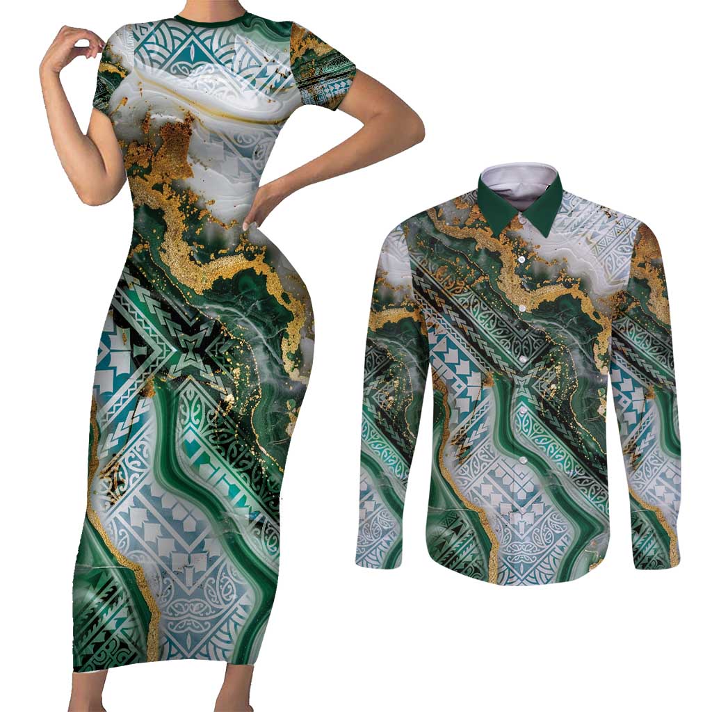 Polynesian Tribal Tattoo Couples Matching Short Sleeve Bodycon Dress and Long Sleeve Button Shirt Green Marble Pattern