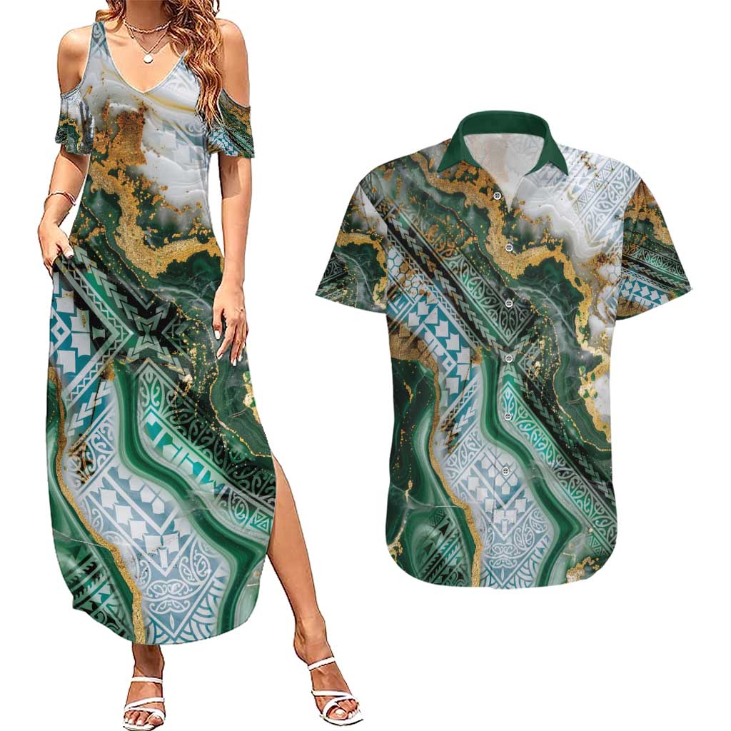 Polynesian Tribal Tattoo Couples Matching Summer Maxi Dress and Hawaiian Shirt Green Marble Pattern LT9 Green - Polynesian Pride