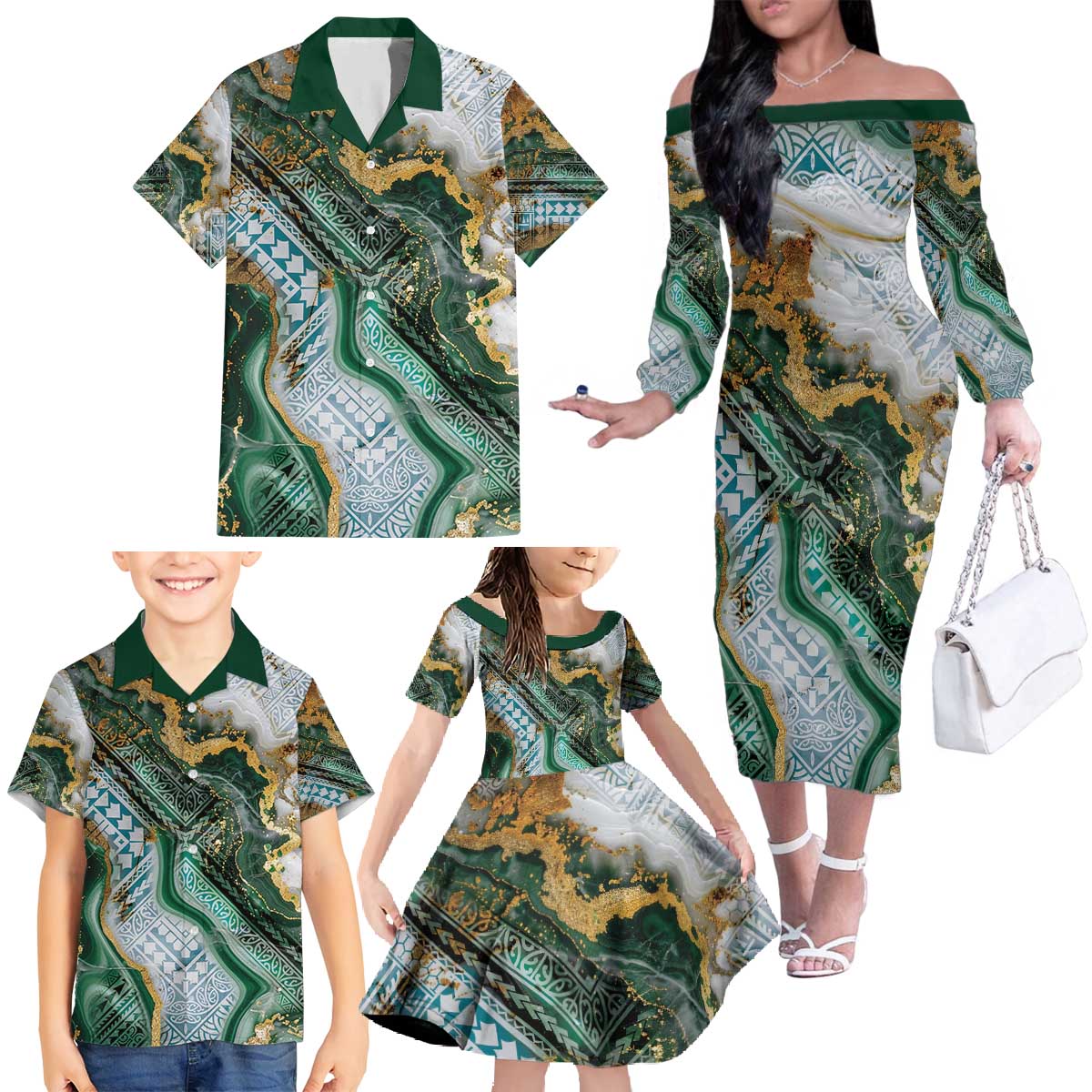 Polynesian Tribal Tattoo Family Matching Off The Shoulder Long Sleeve Dress and Hawaiian Shirt Green Marble Pattern LT9 Green - Polynesian Pride