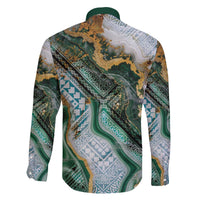 Polynesian Tribal Tattoo Family Matching Off The Shoulder Long Sleeve Dress and Hawaiian Shirt Green Marble Pattern