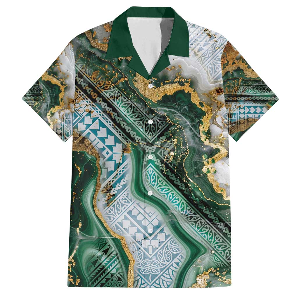 Polynesian Tribal Tattoo Family Matching Off Shoulder Maxi Dress and Hawaiian Shirt Green Marble Pattern