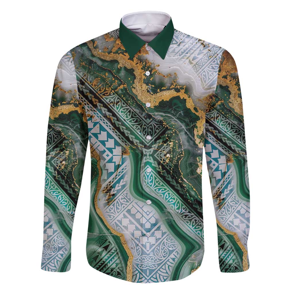 Polynesian Tribal Tattoo Family Matching Off Shoulder Maxi Dress and Hawaiian Shirt Green Marble Pattern