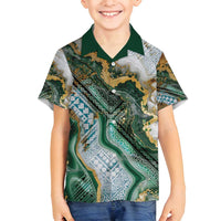 Polynesian Tribal Tattoo Family Matching Off Shoulder Maxi Dress and Hawaiian Shirt Green Marble Pattern