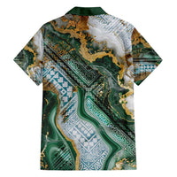 Polynesian Tribal Tattoo Family Matching Off Shoulder Short Dress and Hawaiian Shirt Green Marble Pattern