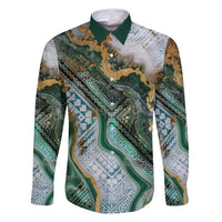 Polynesian Tribal Tattoo Family Matching Off Shoulder Short Dress and Hawaiian Shirt Green Marble Pattern