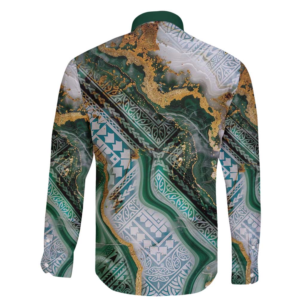Polynesian Tribal Tattoo Family Matching Off Shoulder Short Dress and Hawaiian Shirt Green Marble Pattern