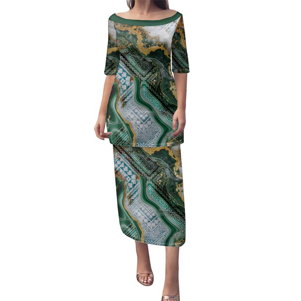 Polynesian Tribal Tattoo Family Matching Puletasi and Hawaiian Shirt Green Marble Pattern