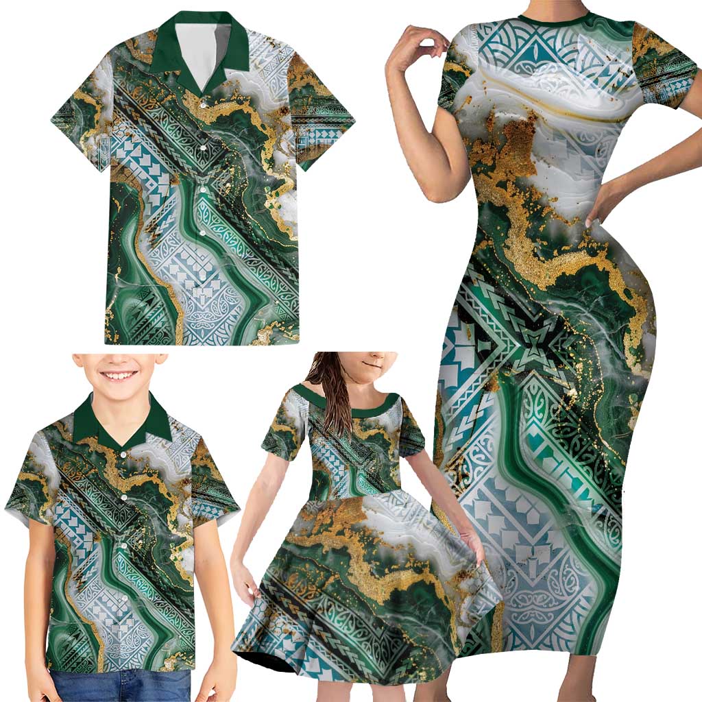 Polynesian Tribal Tattoo Family Matching Short Sleeve Bodycon Dress and Hawaiian Shirt Green Marble Pattern LT9 - Polynesian Pride