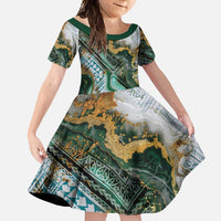 Polynesian Tribal Tattoo Family Matching Summer Maxi Dress and Hawaiian Shirt Green Marble Pattern