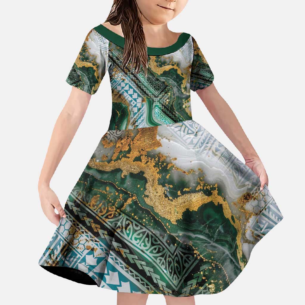 Polynesian Tribal Tattoo Family Matching Tank Maxi Dress and Hawaiian Shirt Green Marble Pattern