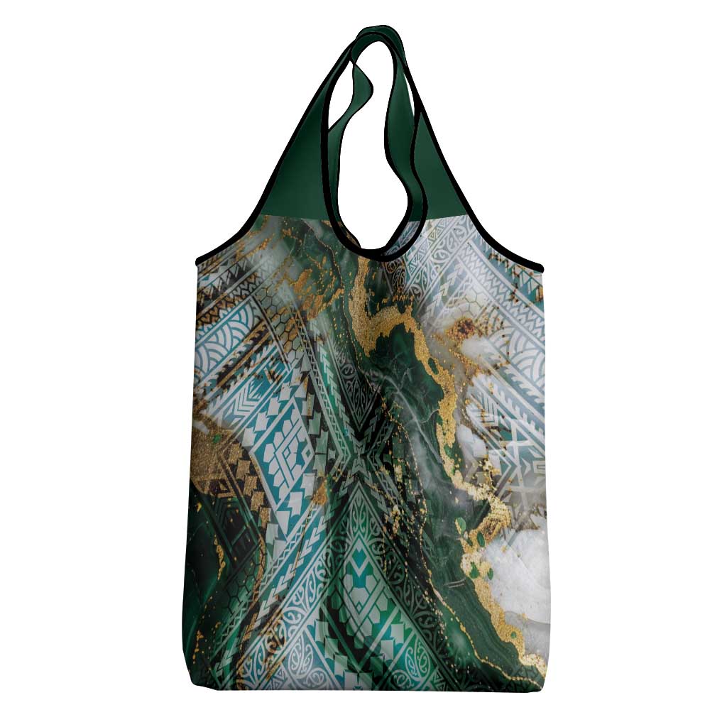 Polynesian Tribal Tattoo Grocery Bag Green Marble Pattern