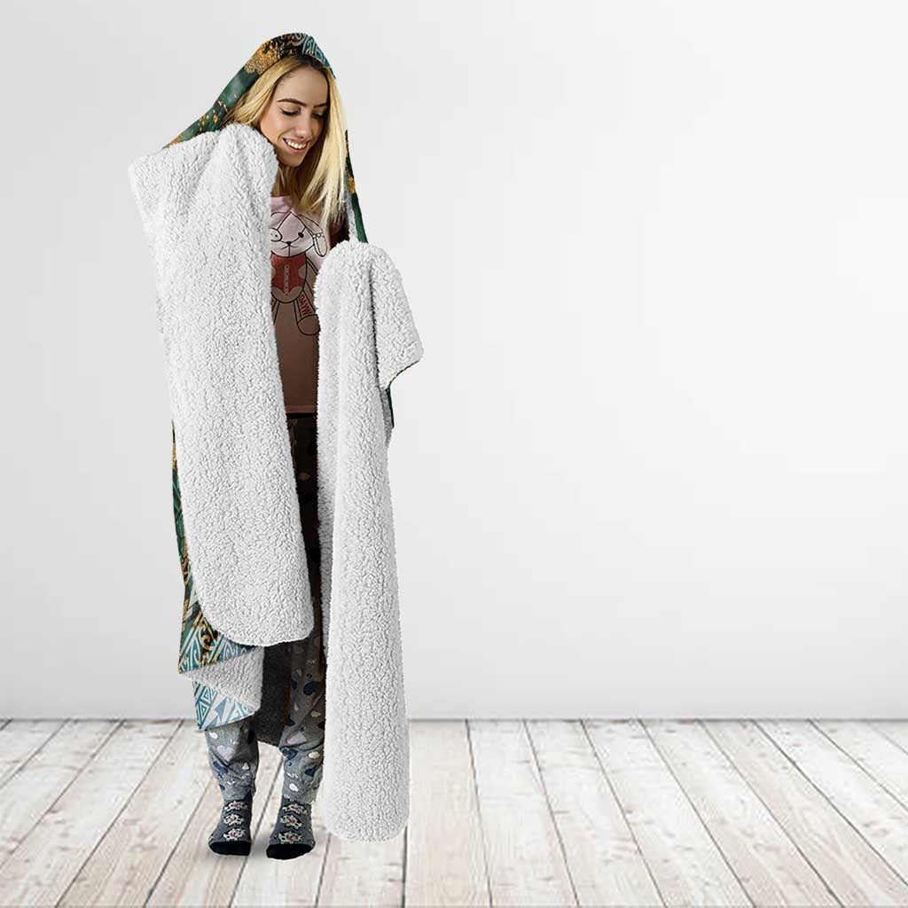 Polynesian Tribal Tattoo Hooded Blanket Green Marble Pattern