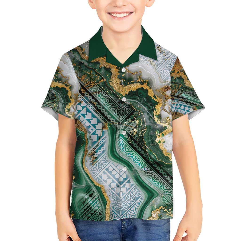 Polynesian Tribal Tattoo Kid Hawaiian Shirt Green Marble Pattern