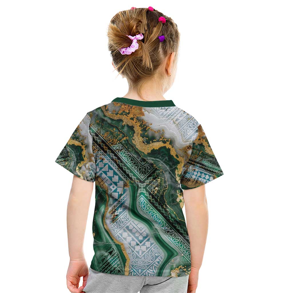 Polynesian Tribal Tattoo Kid T Shirt Green Marble Pattern