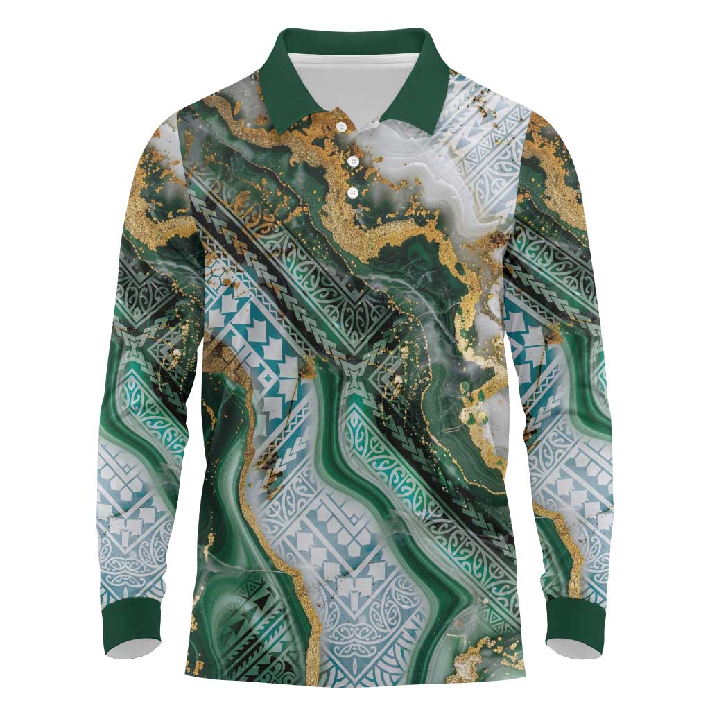 Polynesian Tribal Tattoo Long Sleeve Polo Shirt Green Marble Pattern