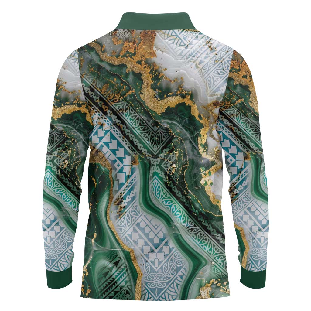 Polynesian Tribal Tattoo Long Sleeve Polo Shirt Green Marble Pattern