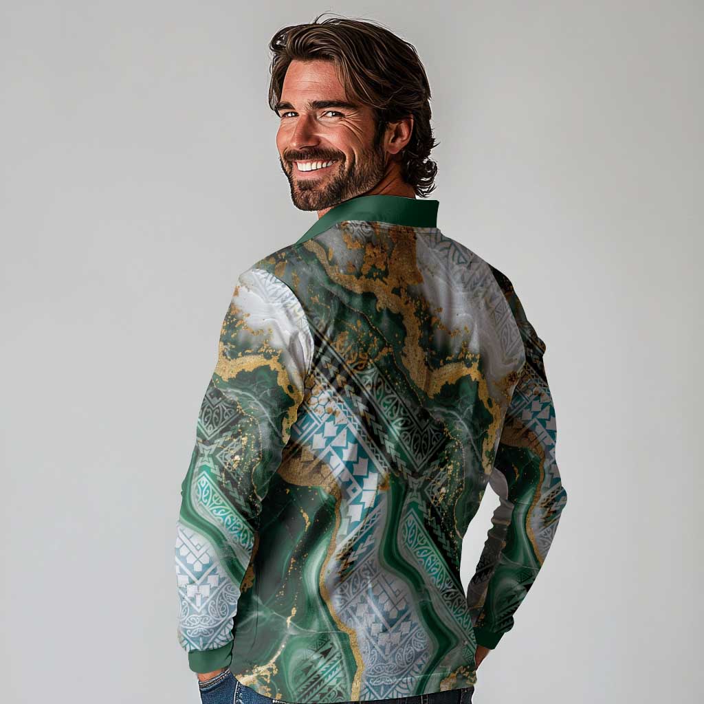Polynesian Tribal Tattoo Long Sleeve Polo Shirt Green Marble Pattern