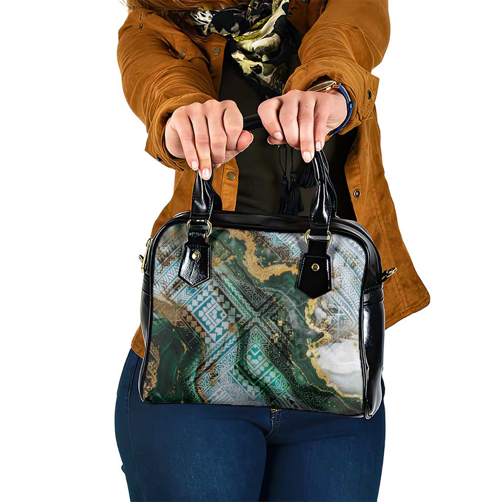 Polynesian Tribal Tattoo Shoulder Handbag Green Marble Pattern