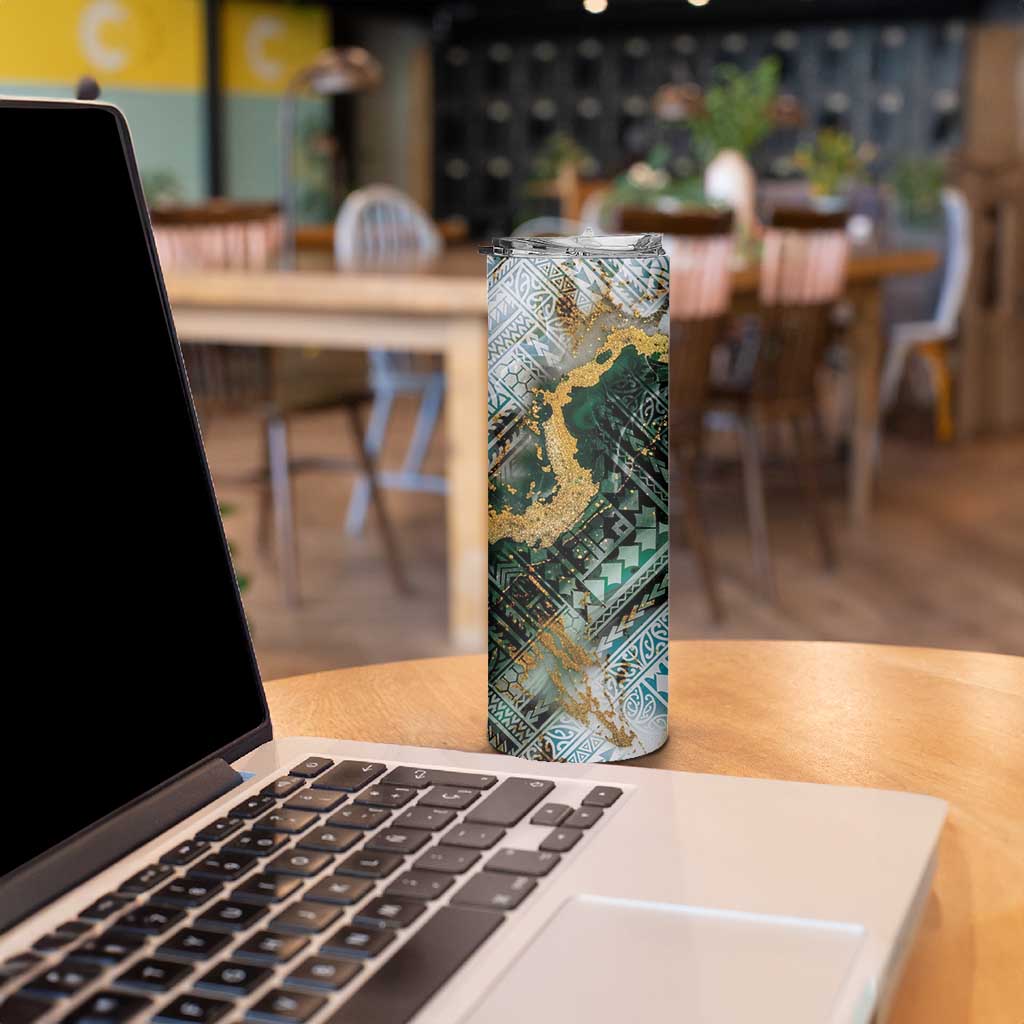 Polynesian Tribal Tattoo Skinny Tumbler Green Marble Pattern