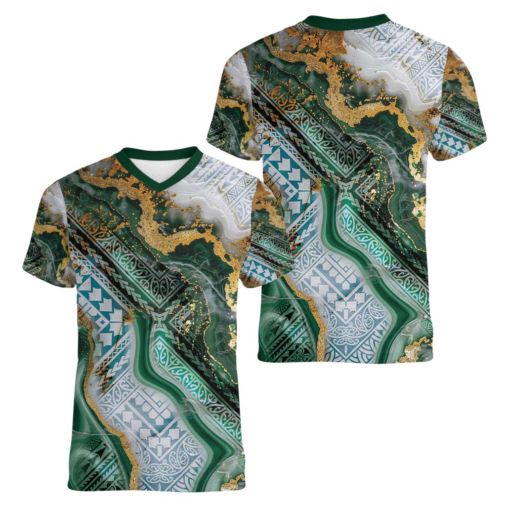 Polynesian Tribal Tattoo Women V-Neck T-Shirt Green Marble Pattern