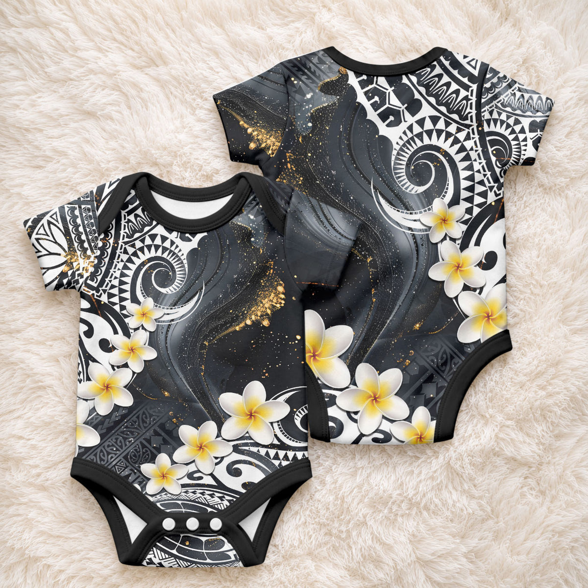 Polynesian Tribal Tattoo Baby Onesie Plumeria Black Gold Marble Pattern LT9 - Polynesian Pride
