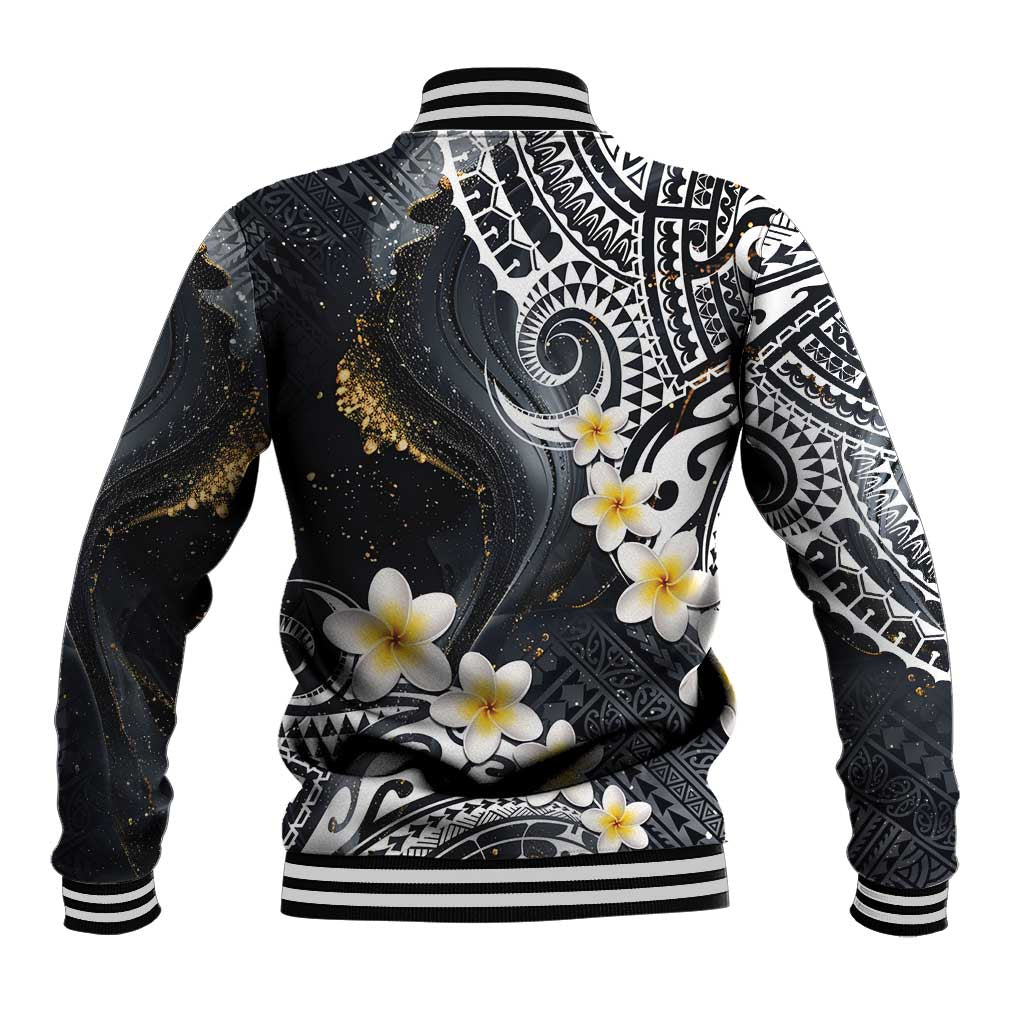 Polynesian Tribal Tattoo Baseball Jacket Plumeria Black Gold Marble Pattern