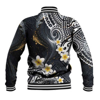 Polynesian Tribal Tattoo Baseball Jacket Plumeria Black Gold Marble Pattern