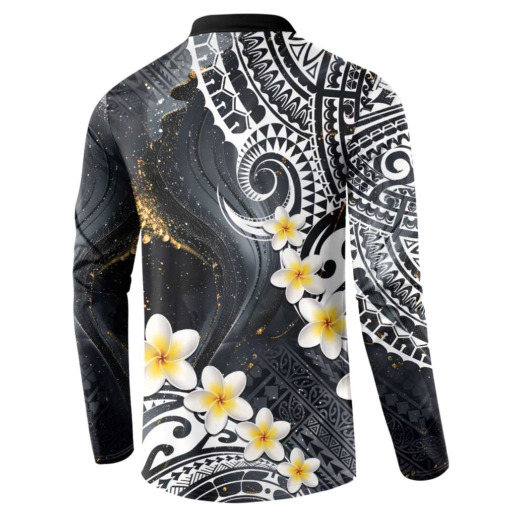 Polynesian Tribal Tattoo Button Sweatshirt Plumeria Black Gold Marble Pattern