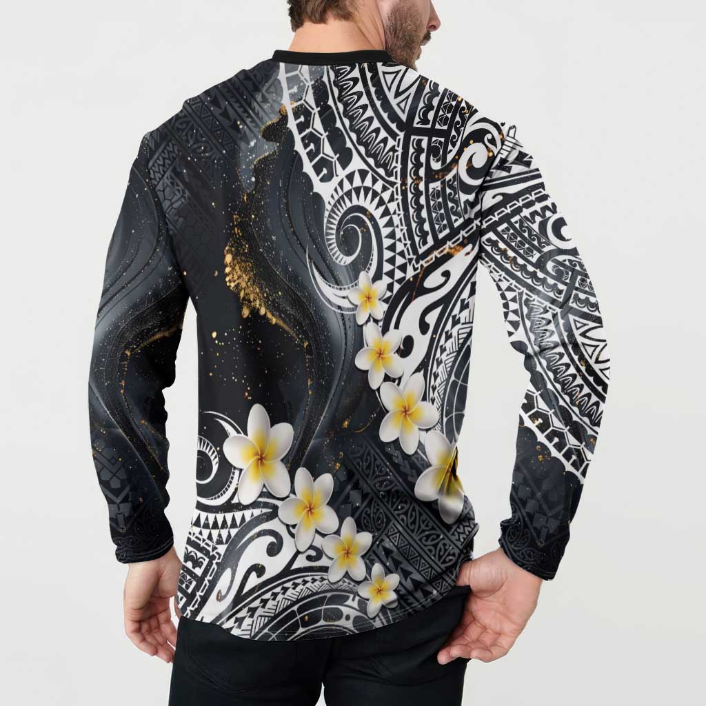 Polynesian Tribal Tattoo Button Sweatshirt Plumeria Black Gold Marble Pattern