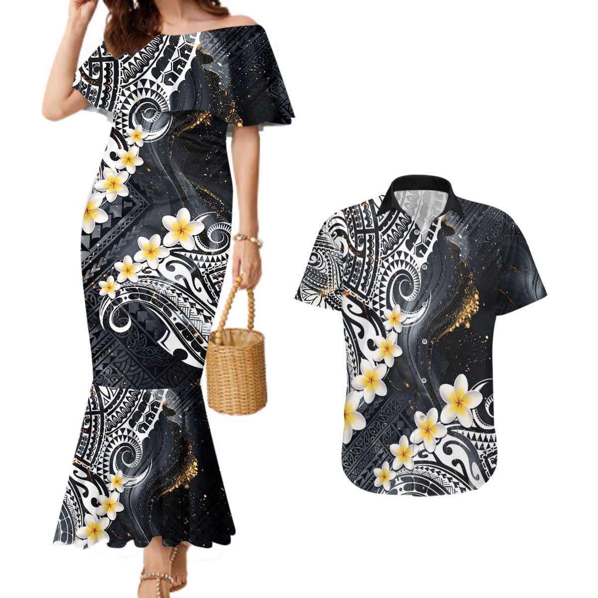 Polynesian Tribal Tattoo Couples Matching Mermaid Dress and Hawaiian Shirt Plumeria Black Gold Marble Pattern