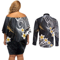 Polynesian Tribal Tattoo Couples Matching Off Shoulder Short Dress and Long Sleeve Button Shirt Plumeria Black Gold Marble Pattern