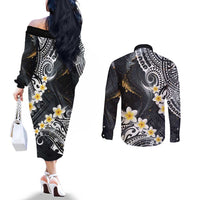 Polynesian Tribal Tattoo Couples Matching Off The Shoulder Long Sleeve Dress and Long Sleeve Button Shirt Plumeria Black Gold Marble Pattern