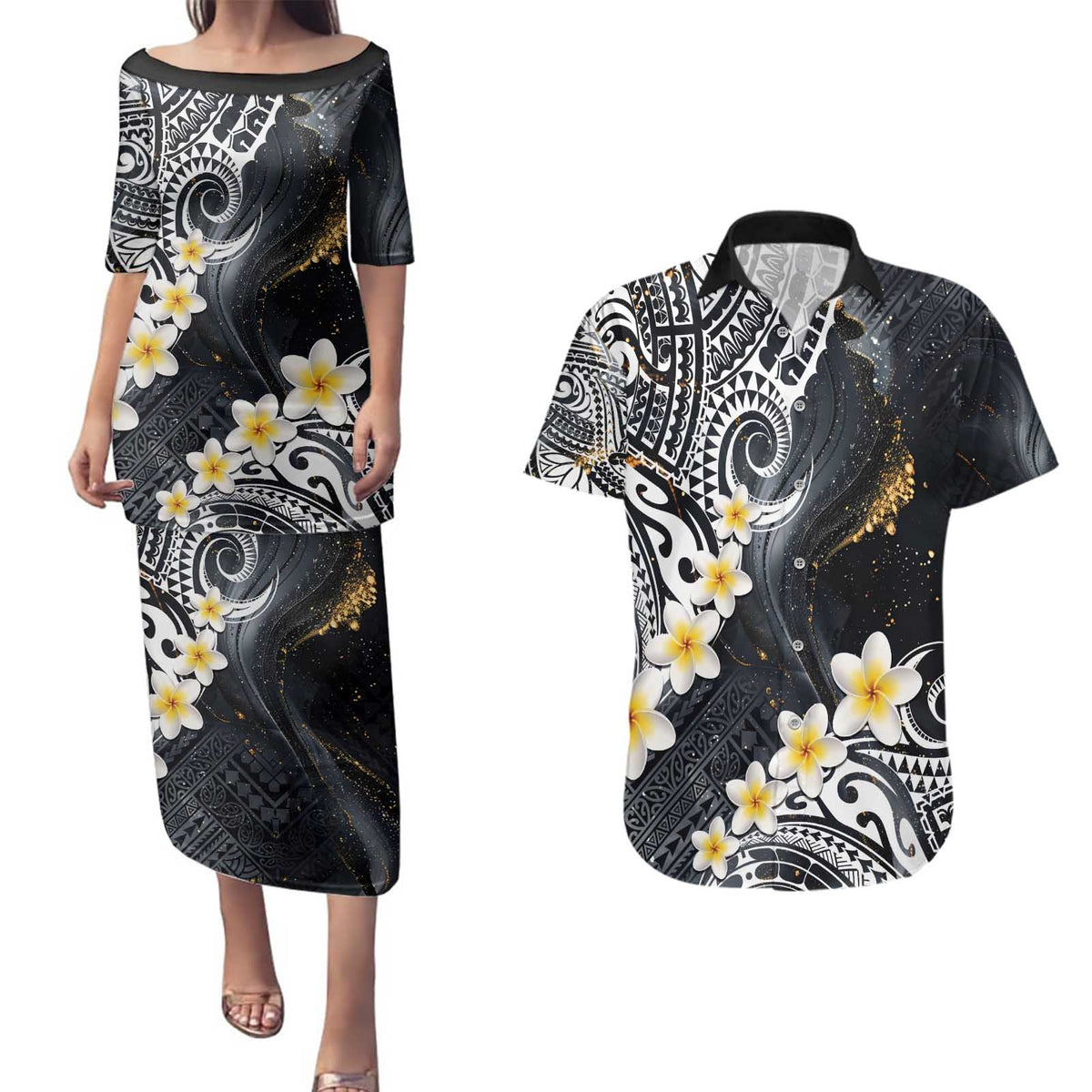 Polynesian Tribal Tattoo Couples Matching Puletasi and Hawaiian Shirt Plumeria Black Gold Marble Pattern