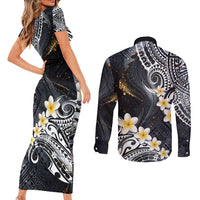 Polynesian Tribal Tattoo Couples Matching Short Sleeve Bodycon Dress and Long Sleeve Button Shirt Plumeria Black Gold Marble Pattern