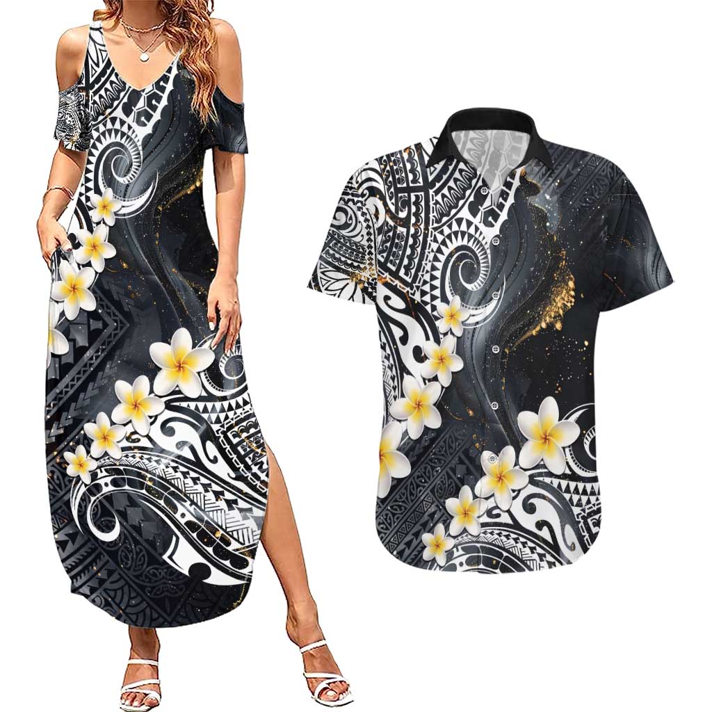 Polynesian Tribal Tattoo Couples Matching Summer Maxi Dress and Hawaiian Shirt Plumeria Black Gold Marble Pattern LT9 Black - Polynesian Pride