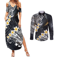 Polynesian Tribal Tattoo Couples Matching Summer Maxi Dress and Long Sleeve Button Shirt Plumeria Black Gold Marble Pattern