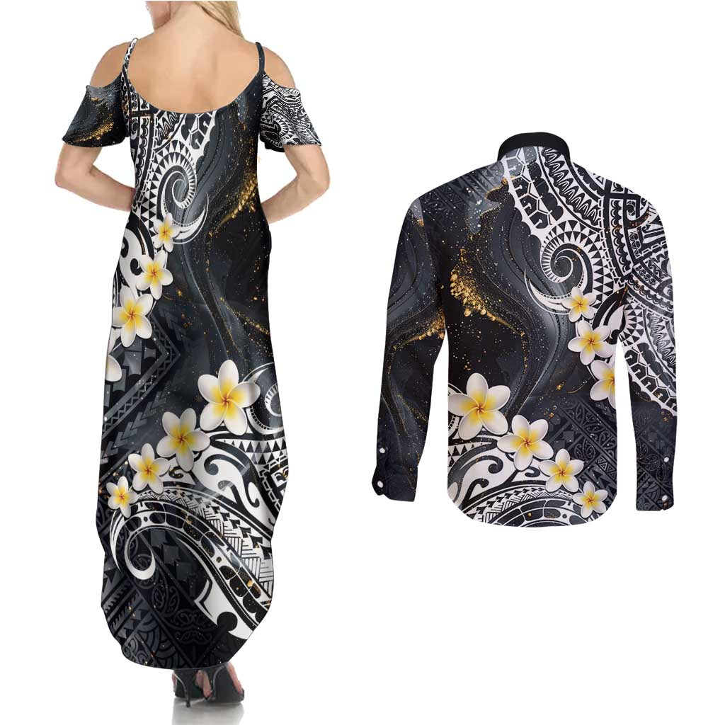 Polynesian Tribal Tattoo Couples Matching Summer Maxi Dress and Long Sleeve Button Shirt Plumeria Black Gold Marble Pattern